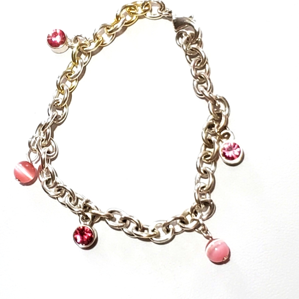 Silver Tone Small Link Chain Bracelet Pink Tiger Eyes Crystal Beads Rhinestones